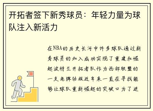 开拓者签下新秀球员：年轻力量为球队注入新活力