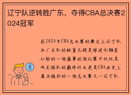 辽宁队逆转胜广东，夺得CBA总决赛2024冠军